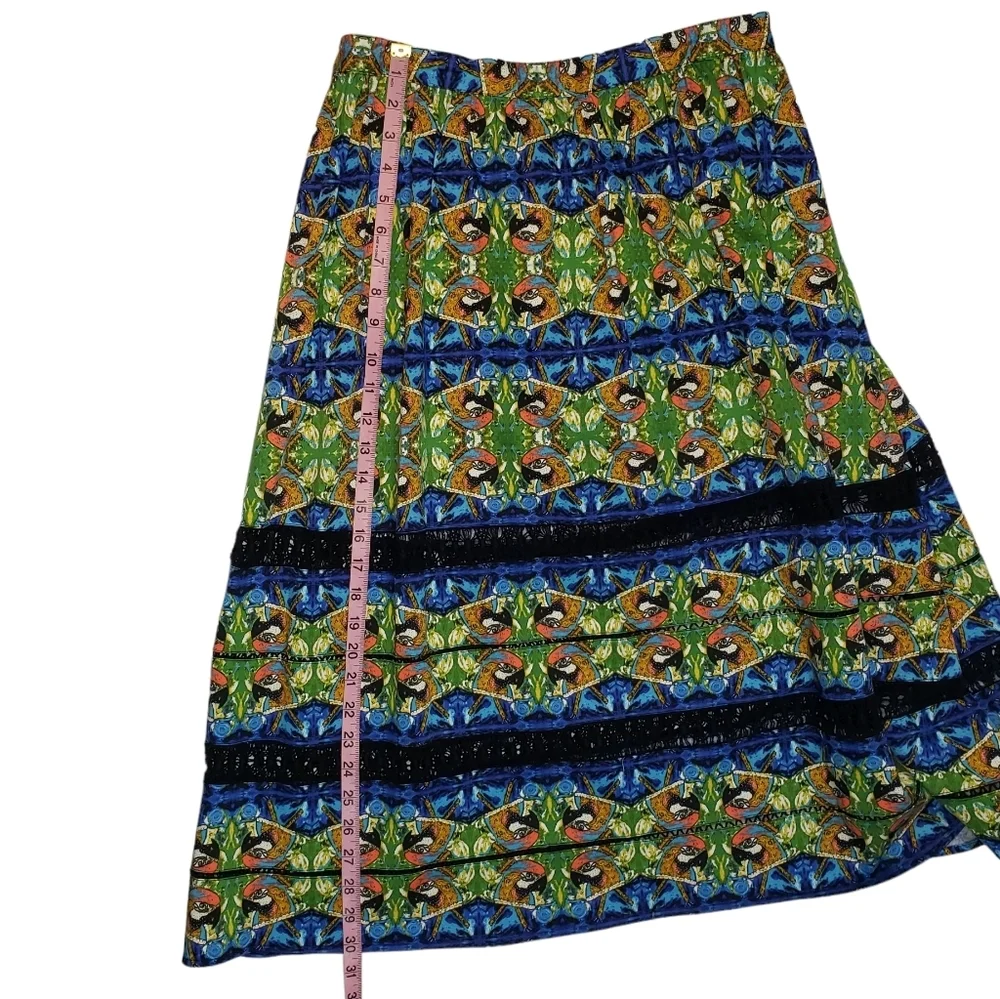 Sam Edelman Tulum Parrot Print Midi Skirt Size 12 Crochet Panels Bird Rockabilly